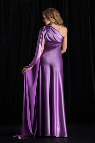 Satin Backed Crepe One Shoulder Gown with Cape Detail