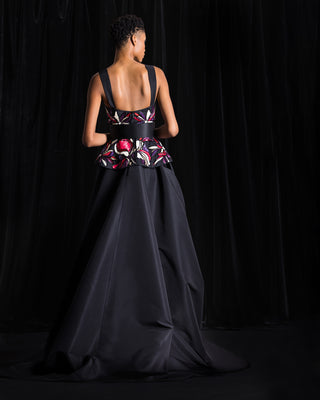 Floral Beaded Peplum Top with Long Faille Skirt