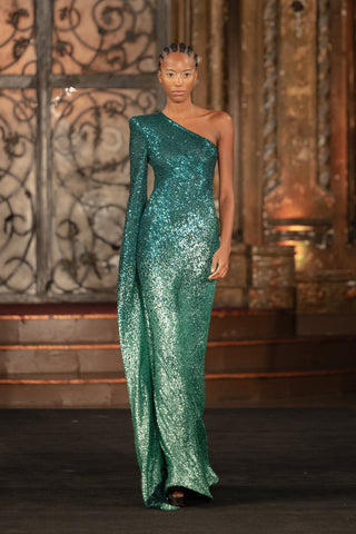 OMBRE STRETCH SEQUIN ONE SHOULDER CASACADING SLEEVE GOWN