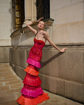Raffia Strapless Fit and Flare Gown