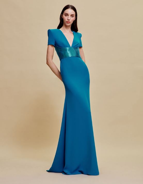 V-NECK FIT-AND-FLARE GOWN WITH BEADED BELT Naeem Khan V-NECK FIT-AND-FLARE GOWN WITH BEADED BELT Naeem Khan