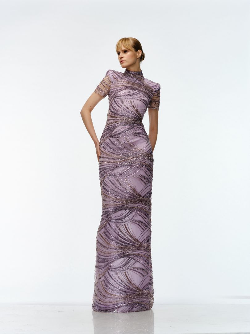 BEADED MOCK NECK CAP SLEEVE COLUMN GOWN Naeem Khan BEADED MOCK NECK CAP SLEEVE COLUMN GOWN Naeem Khan