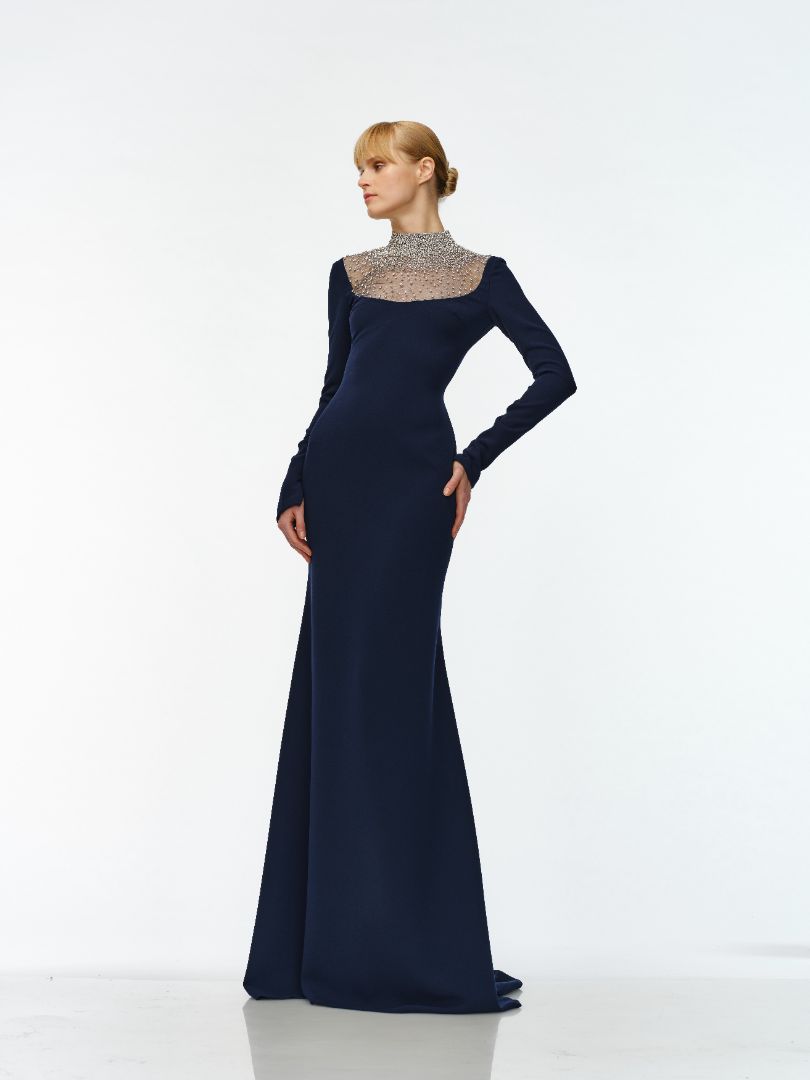OMBRE BEADED NECKLINE LONG SLEEVE GOWN OMBRE BEADED NECKLINE LONG SLEEVE GOWN