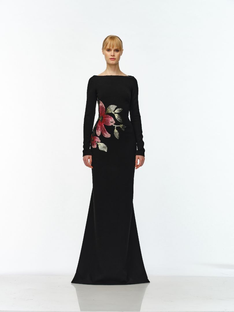 BOAT NECK LONG SLEEVE FIT-AND-FLARE GOWN Naeem Khan BOAT NECK LONG SLEEVE FIT-AND-FLARE GOWN Naeem Khan