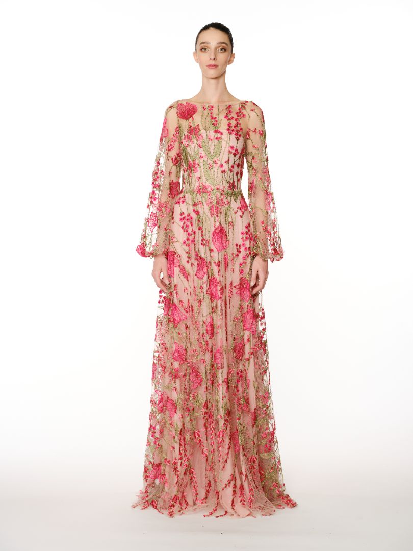 FLORAL BOATNECK BLOUSON SLEEVE GOWN FLORAL BOATNECK BLOUSON SLEEVE GOWN
