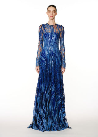 ABSTRACT SEQUIN FULL SKIRT LONG SLEEVE GOWN