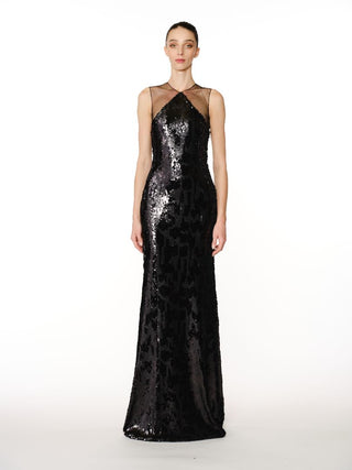 LEOPARD STRETCH SEQUIN JEWEL NECK SLEEVELESS COLUMN GOWN