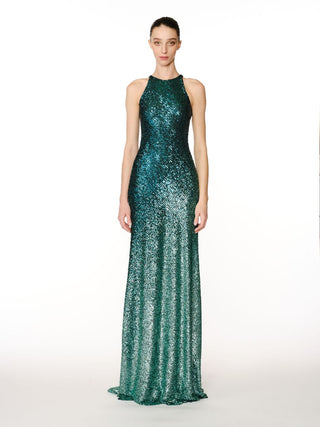 OMBRE STRETCH SEQUIN HALTER GOWN