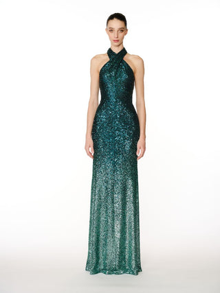 OMBRE STRETCH SEQUIN CRISS-CROSS NECK GOWN