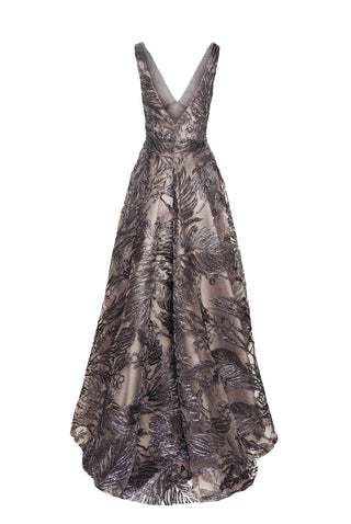 METALLIC RAFFIA V-NECK EMPIRE WAIST GOWN WITH TROMPE L'OEIL SKIRT