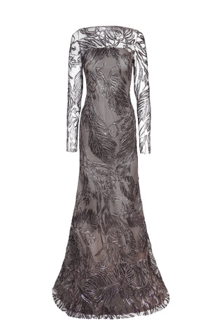 METALLIC RAFFIA BOAT NECK FIT AND FLARE GOWN WITH LONG SLEEVES