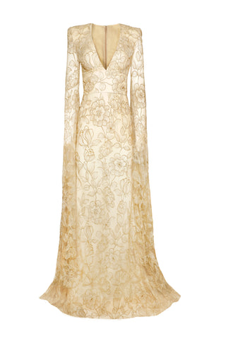 LACE V-NECK GOWN WITH CASCADING SLEEVES