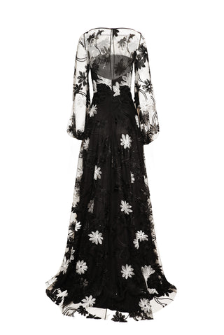 LACE BOATNECK GOWN WITH BLOUSON SLEEVES