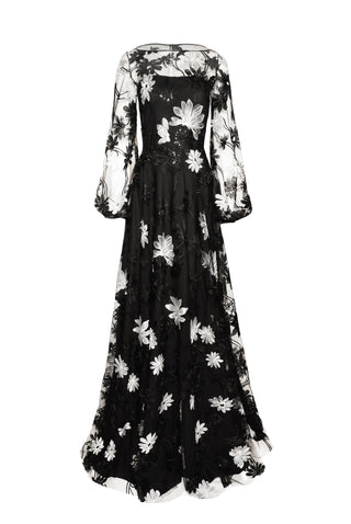 LACE BOATNECK GOWN WITH BLOUSON SLEEVES