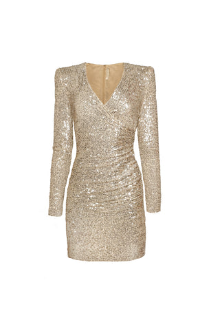STRETCH SEQUIN RUCHED V-NECK DRESS WITH LONG SLEEVES