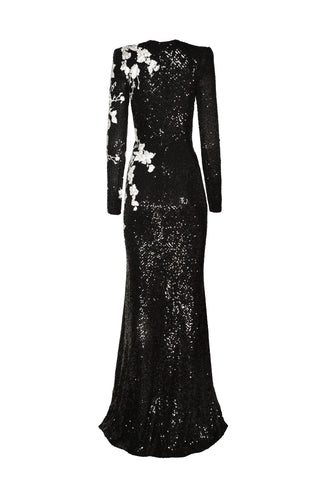 STRETCH SEQUIN JEWEL NECK LONG-SLEEVE GOWN