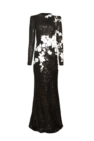 STRETCH SEQUIN JEWEL NECK LONG-SLEEVE GOWN