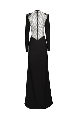 JEWEL NECK GOWN WITH LONG SLEEVES AND BEADED BACK DETAIL