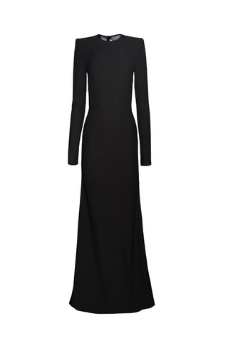 JEWEL NECK GOWN WITH LONG SLEEVES AND BEADED BACK DETAIL