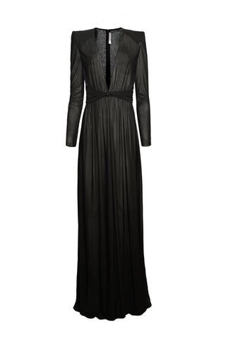 JERSEY V NECK GOWN WITH BACK EMBROIDERY DETAIL