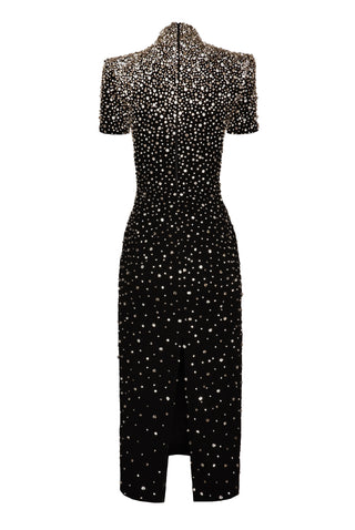 OMBRE CRYSTAL MOCK NECK SHORT SLEEVE TEA-LENGTH DRESS