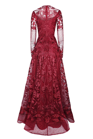 METALLIC THREADWORK JEWEL NECK LONG SLEEVE GOWN