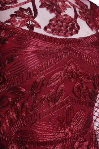 METALLIC THREADWORK JEWEL NECK LONG SLEEVE GOWN