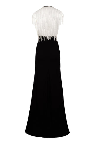 PEARL FRINGE BODICE FIT-AND-FLARE GOWN