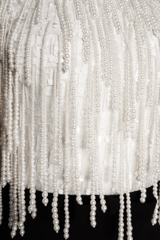 PEARL FRINGE BODICE FIT-AND-FLARE GOWN