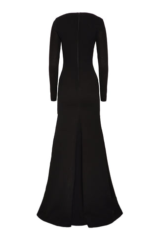EMBROIDERED BOAT NECK LONG SLEEVE FIT-AND-FLARE GOWN