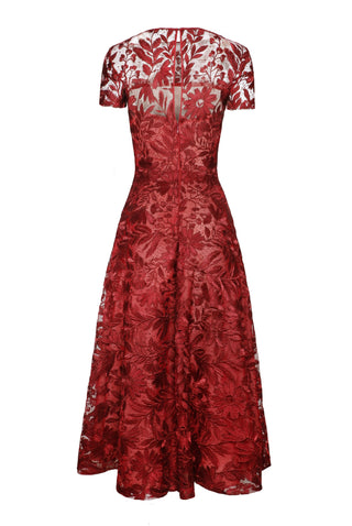 LACE BOAT NECK SHORT SLEEVE TEA-LENGTH DRESS