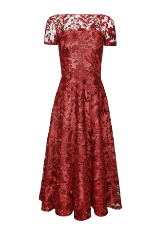 LACE BOAT NECK SHORT SLEEVE TEA-LENGTH DRESS