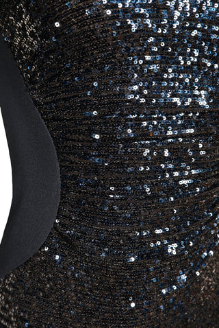 STRETCH SEQUIN AND CREPE SCOOP NECK GOWN