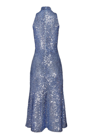 STRETCH SEQUIN MOCK NECK HALTER DRESS
