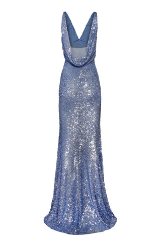 STRETCH SEQUIN V NECK COWL BACK GOWN