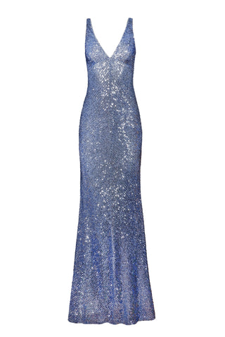 STRETCH SEQUIN V NECK COWL BACK GOWN