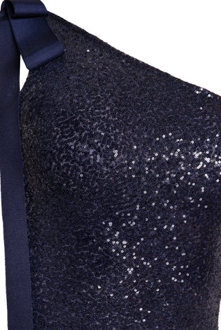STRETCH SEQUIN ONE SHOULDER GOWN WITH RIBBON DETAIL