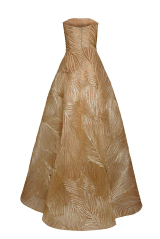 METALLIC RAFFIA STRAPLESS FULL SKIRT GOWN
