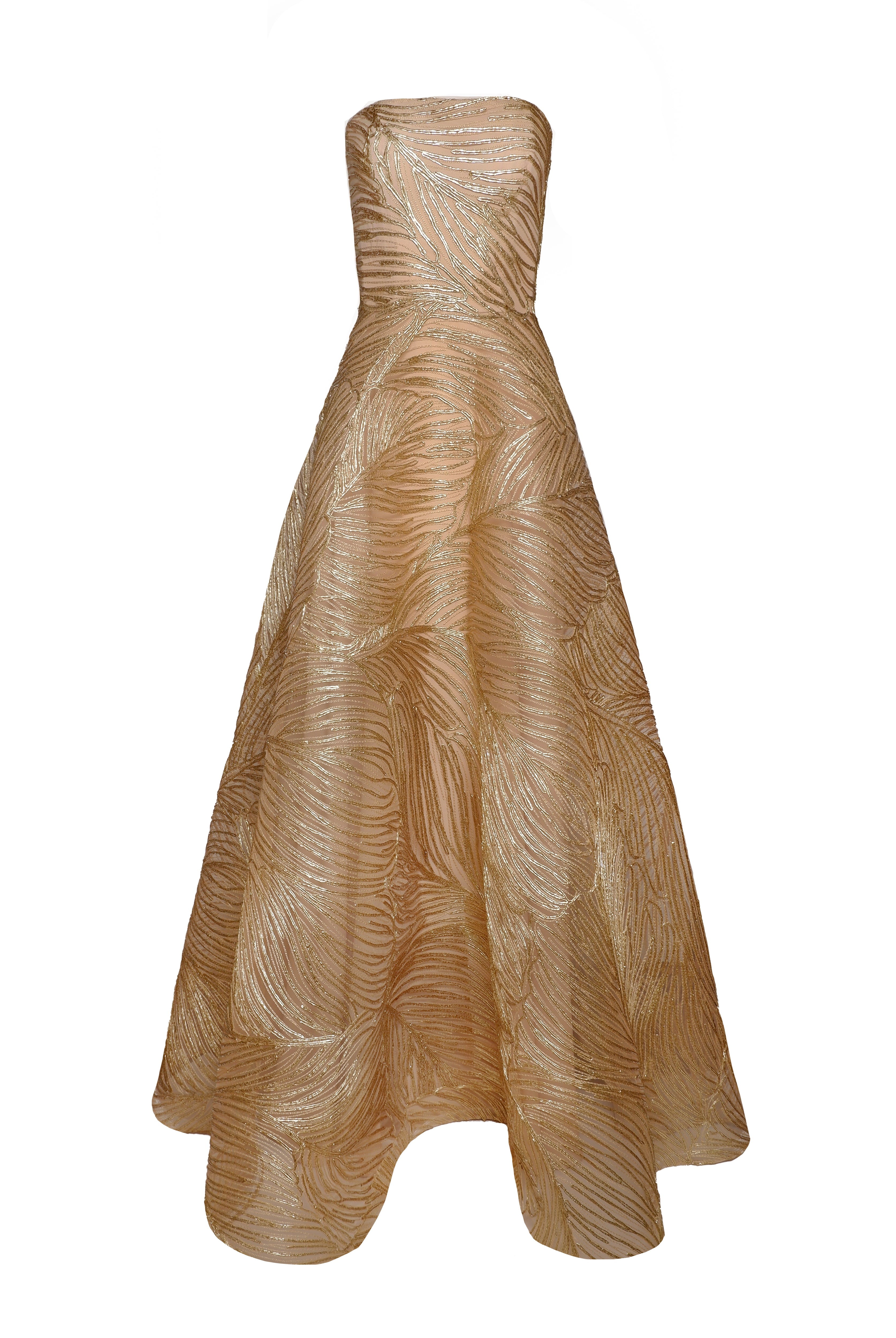 METALLIC RAFFIA STRAPLESS FULL SKIRT GOWN METALLIC RAFFIA STRAPLESS FULL SKIRT GOWN