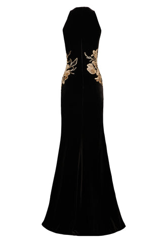 HALTER FIT-AND-FLARE GOWN WITH FLORAL APPLIQUE