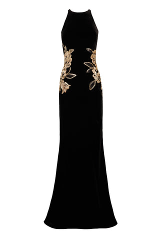 HALTER FIT-AND-FLARE GOWN WITH FLORAL APPLIQUE