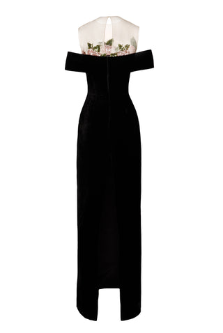 EMBELLISHED BODICE OFF-THE-SHOULDER COLUMN GOWN