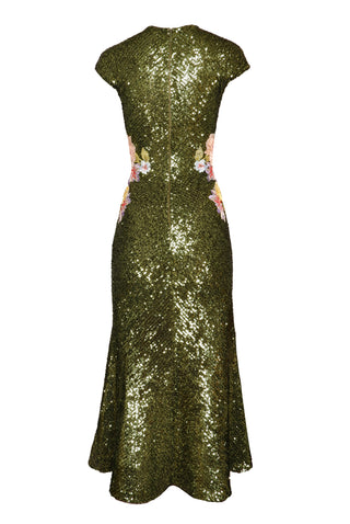 JEWEL NECK STRETCH SEQUIN TEA-LENGTH DRESS