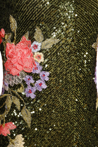 JEWEL NECK STRETCH SEQUIN TEA-LENGTH DRESS