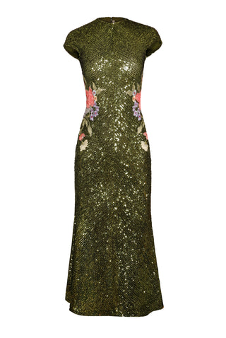 JEWEL NECK STRETCH SEQUIN TEA-LENGTH DRESS