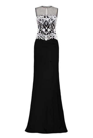 ILLUSION NECKLINE SLEEVELESS HAND-BEADED CREPE GOWN