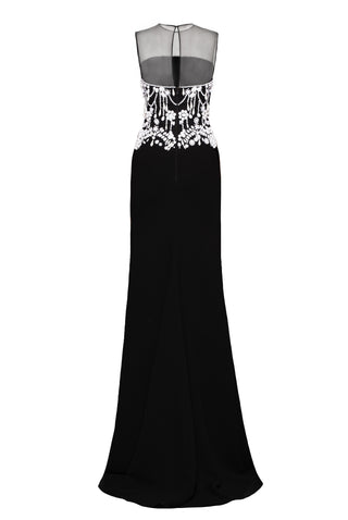 ILLUSION NECKLINE SLEEVELESS HAND-BEADED CREPE GOWN