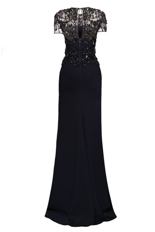 SHORT SLEEVE HAND-BEADED CREPE GOWN