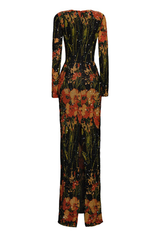V-NECK HAND-BEADED LONG SLEEVE FLOWER STRETCH GOWN