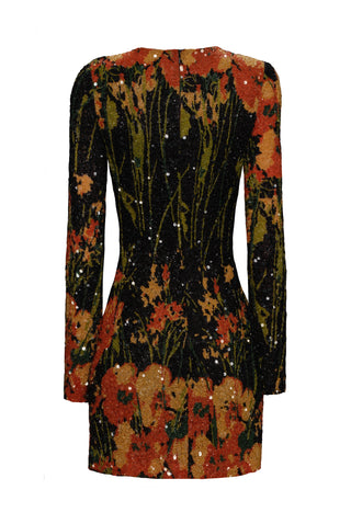 LONG SLEEVE HAND-BEADED FLOWER STRETCH DRESS